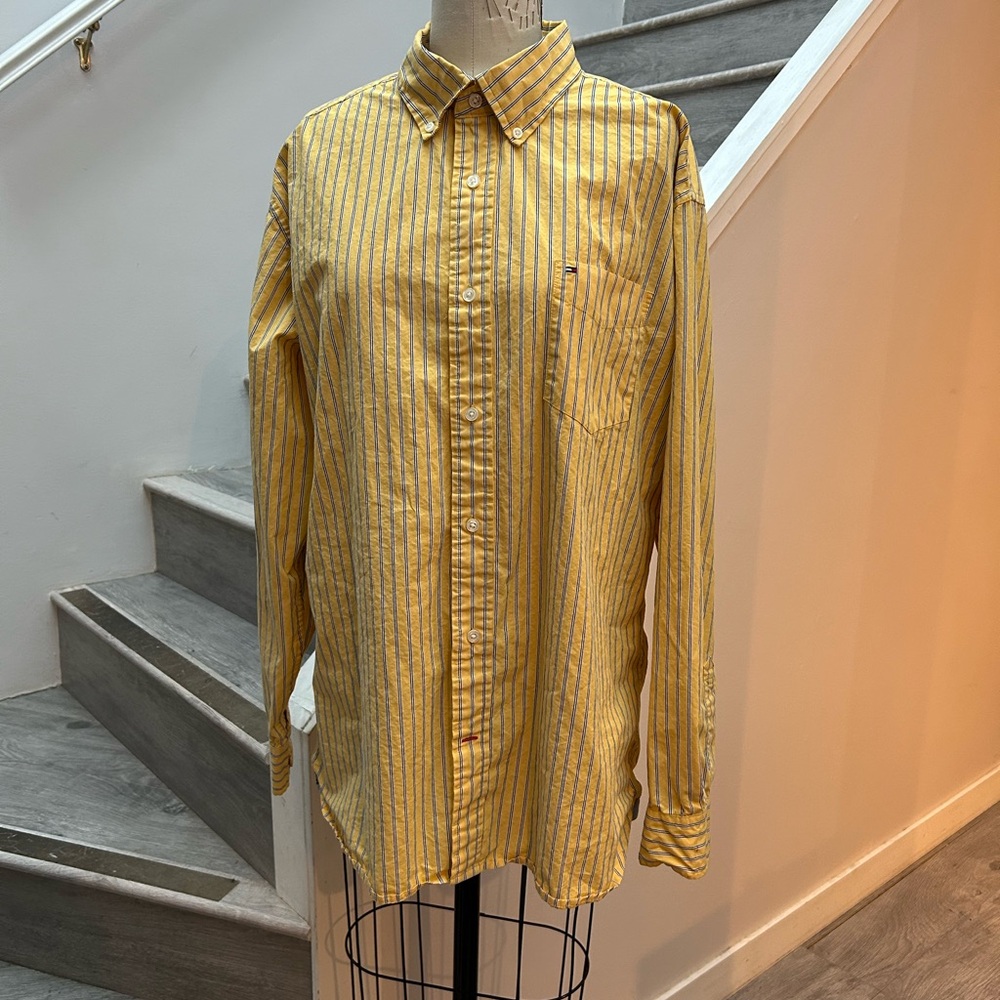 Yellow striped cotton button up shirt